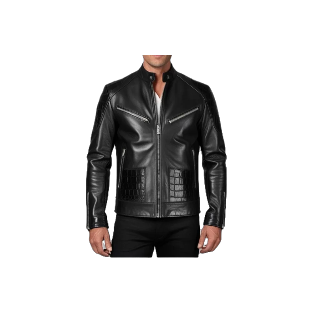 Blouson agneau plongé noir incrustation de peaux de crocodile véritable modèle Zeus