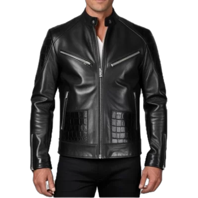 Blouson agneau plongé noir incrustation de peaux de crocodile véritable modèle Zeus