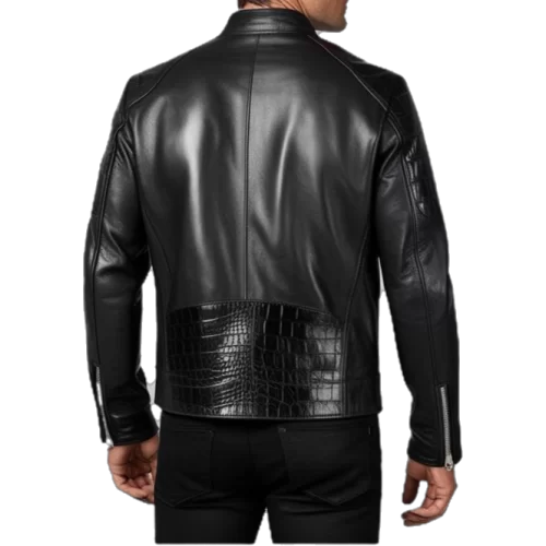 Blouson agneau plongé noir incrustation de peaux de crocodile véritable modèle Zeus