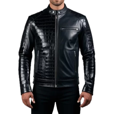 Blouson en agneau plongé noir devant et coté manches en peau de crocodile véritable modèle Michake