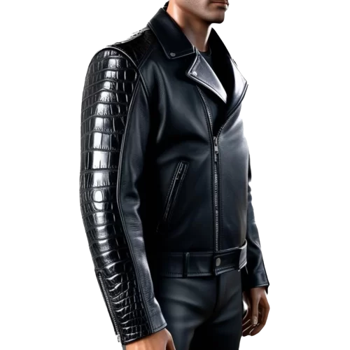 Blouson perfecto agneau plongé noir et côté manches en peau de crocodile véritable modèle Falone