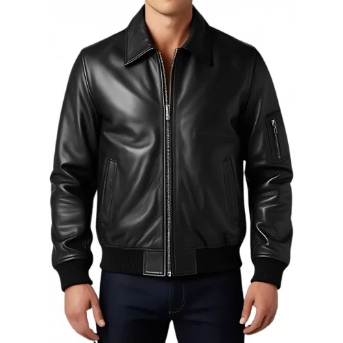 Blouson cuir homme style aviateur en agneau noir modèle Avian