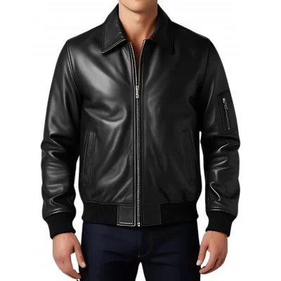 Blouson cuir homme style aviateur en agneau noir modèle Avian