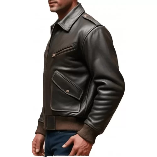 Blouson aviateur style fly américain vintage coupe ajustée homme cuir marron modèle Modira