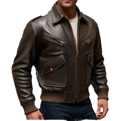 Blouson aviateur style fly américain vintage coupe ajustée homme cuir marron modèle Modira