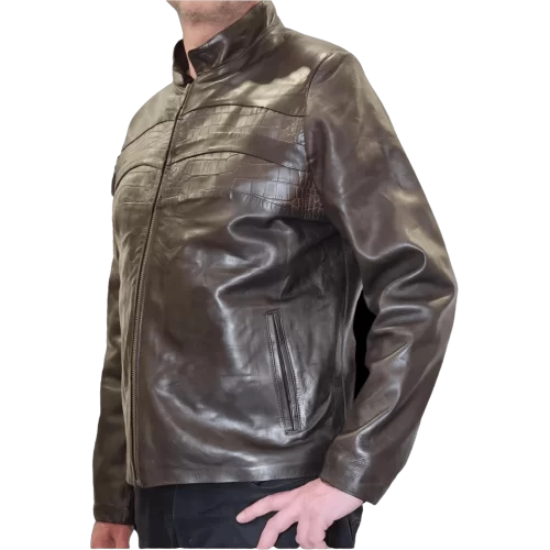 Blouson en vachette plongé marron et bandes en crocodile véritable modèle Rasta