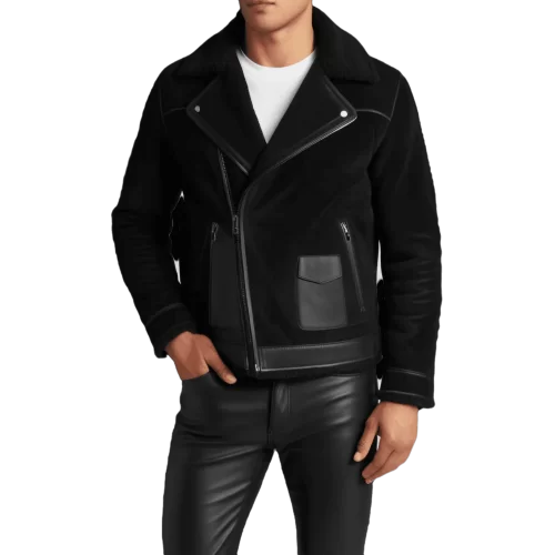 Blouson type perfecto en mouton retourné extèrieur mouton aspect daim et cuir modèle Parice