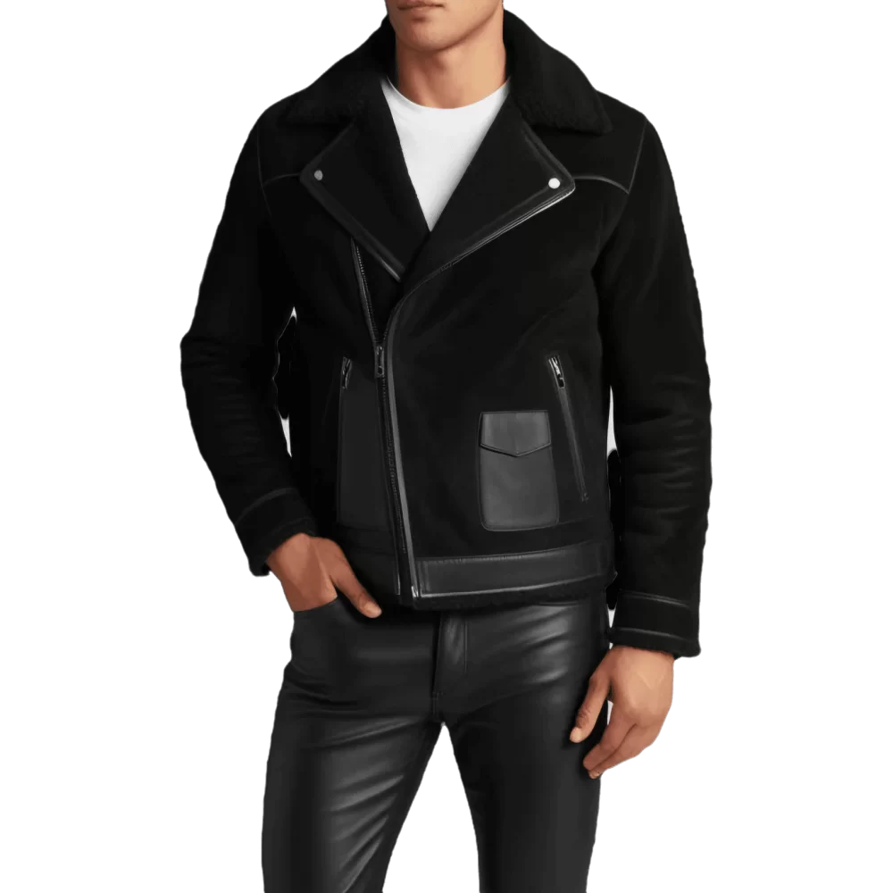 Blouson type perfecto en mouton retourné extèrieur mouton aspect daim et cuir modèle Parice