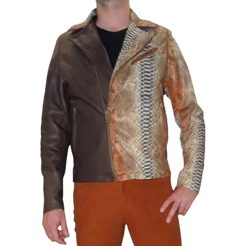 Blouson cuir perfecto modèle Ramao bimatière en agneau plongé marron et cuir de python véritable