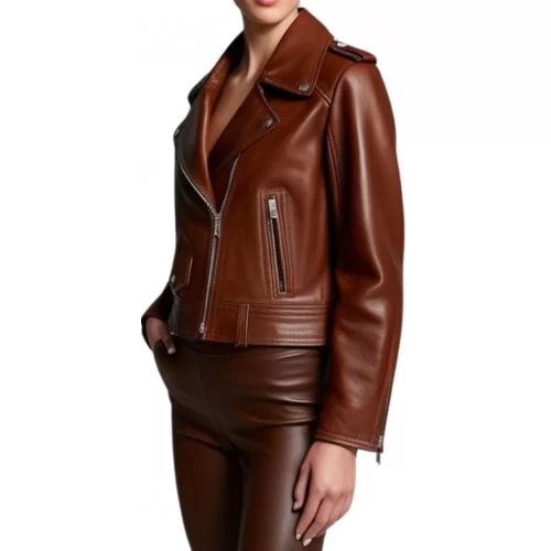 Blouson perfecto en cuir femme agneau plongé marron modèle Amidore