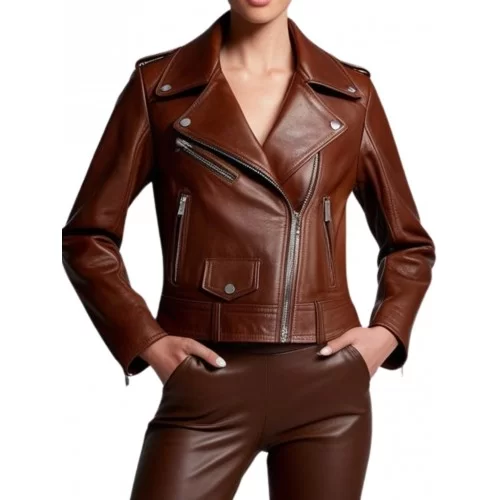 Blouson perfecto en cuir femme agneau plongé marron modèle Amidore