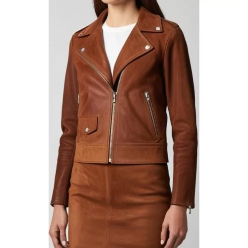 Blouson style perfecto agneau velours daim marron modèle Eva