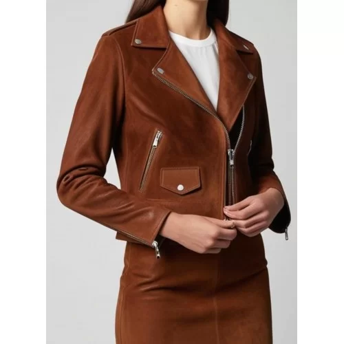 Blouson style perfecto agneau velours daim marron modèle Eva