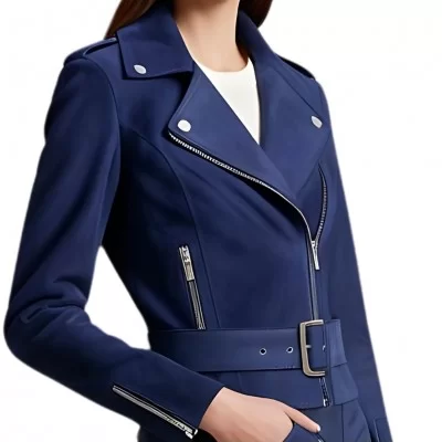 Blouson style perfecto agneau velours daim bleu modèle Evanoé