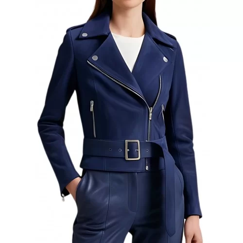 Blouson style perfecto agneau velours daim bleu modèle Evanoé