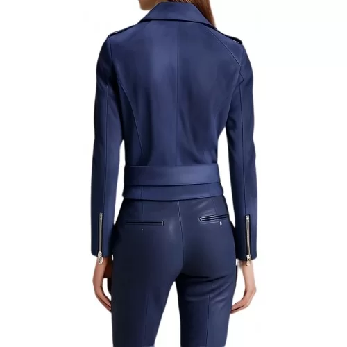 Blouson style perfecto agneau velours daim bleu modèle Evanoé