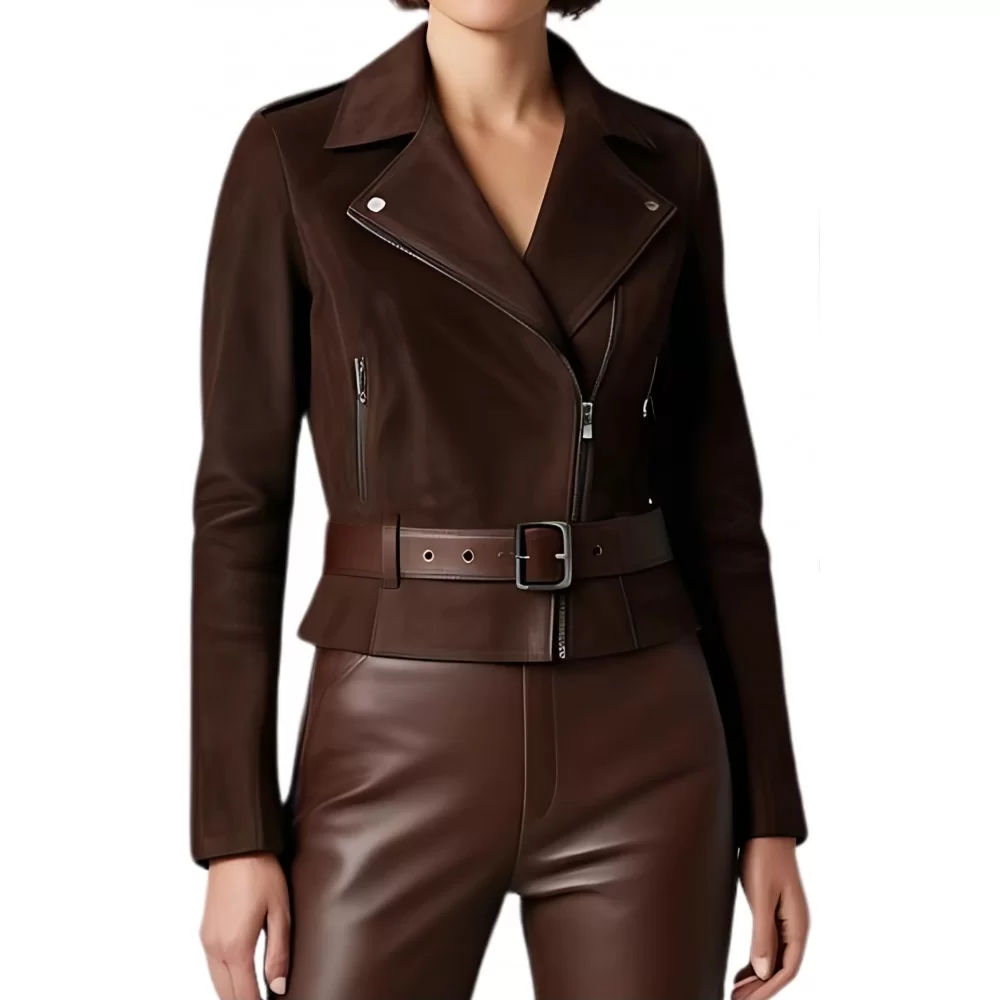 Perfecto femme en agneau velours daim marron ceinture cuir marron modèle Mira