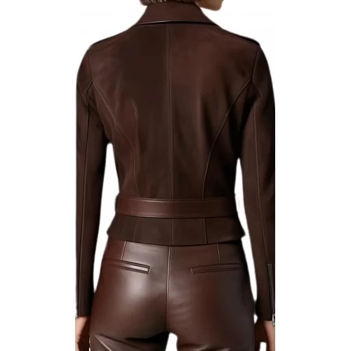 Perfecto femme en agneau velours daim marron ceinture cuir marron modèle Mira