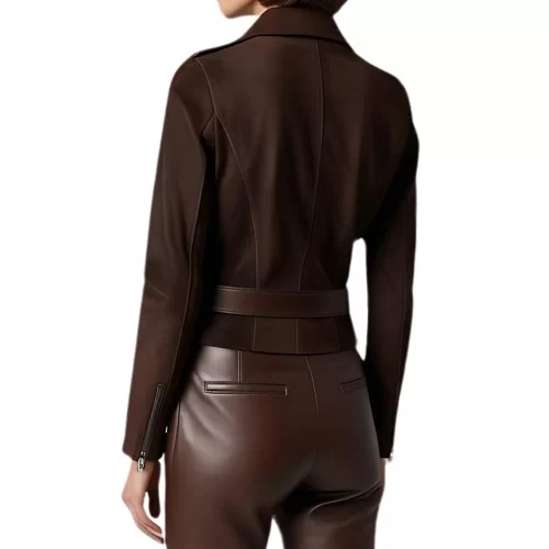 Perfecto femme en agneau velours daim marron ceinture cuir marron modèle Mira