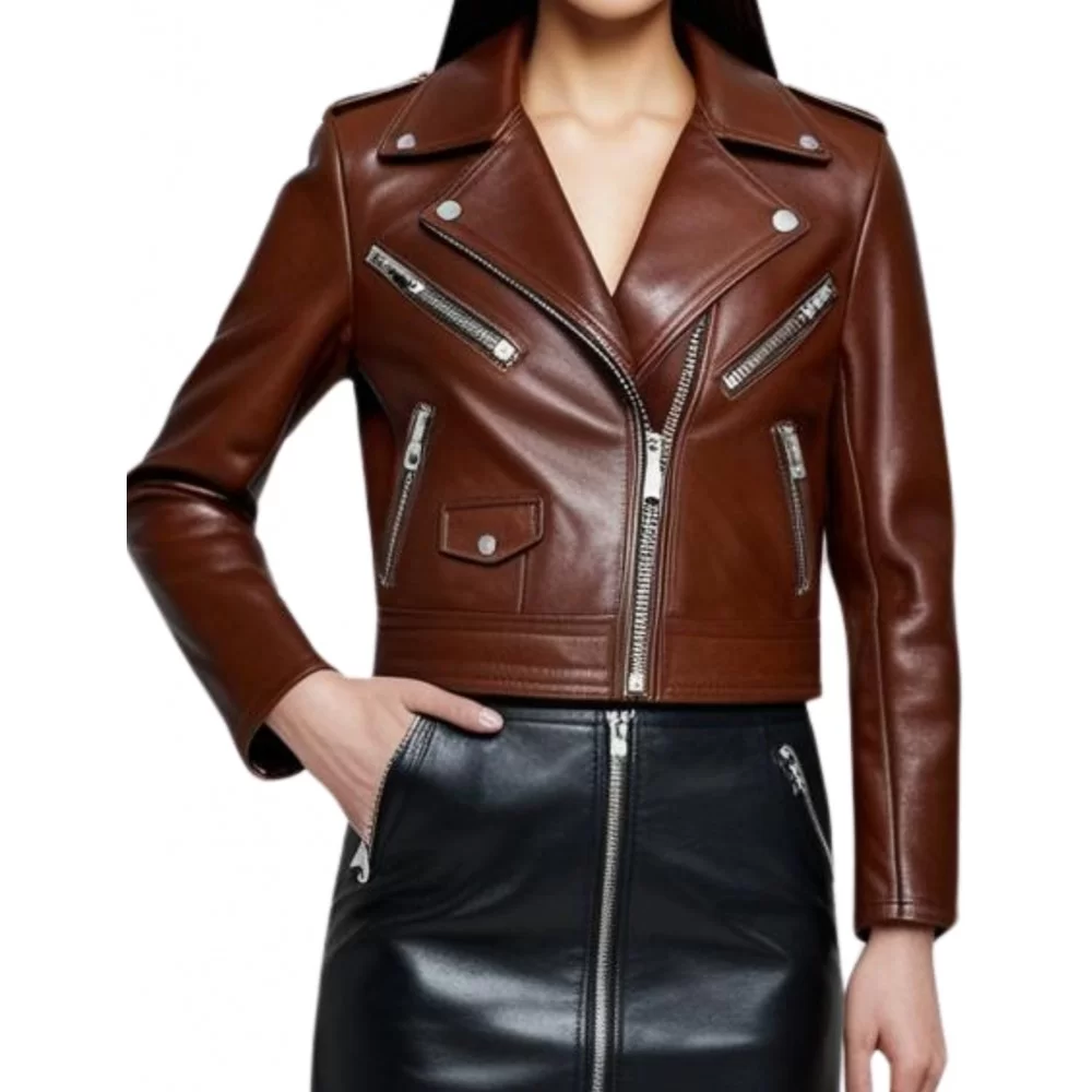 Blouson perfecto avec multi zips en cuir femme agneau plongé marron modèle Rosa