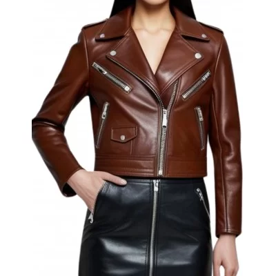 Blouson perfecto avec multi zips en cuir femme agneau plongé marron modèle Rosa