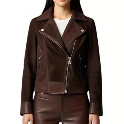 Perfecto cuir femme agneau velours daim marron modèle Marie