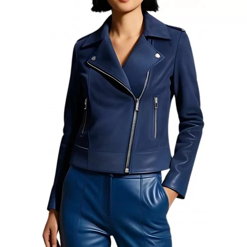 Blouson perfecto agneau velours daim bleu modèle Nina