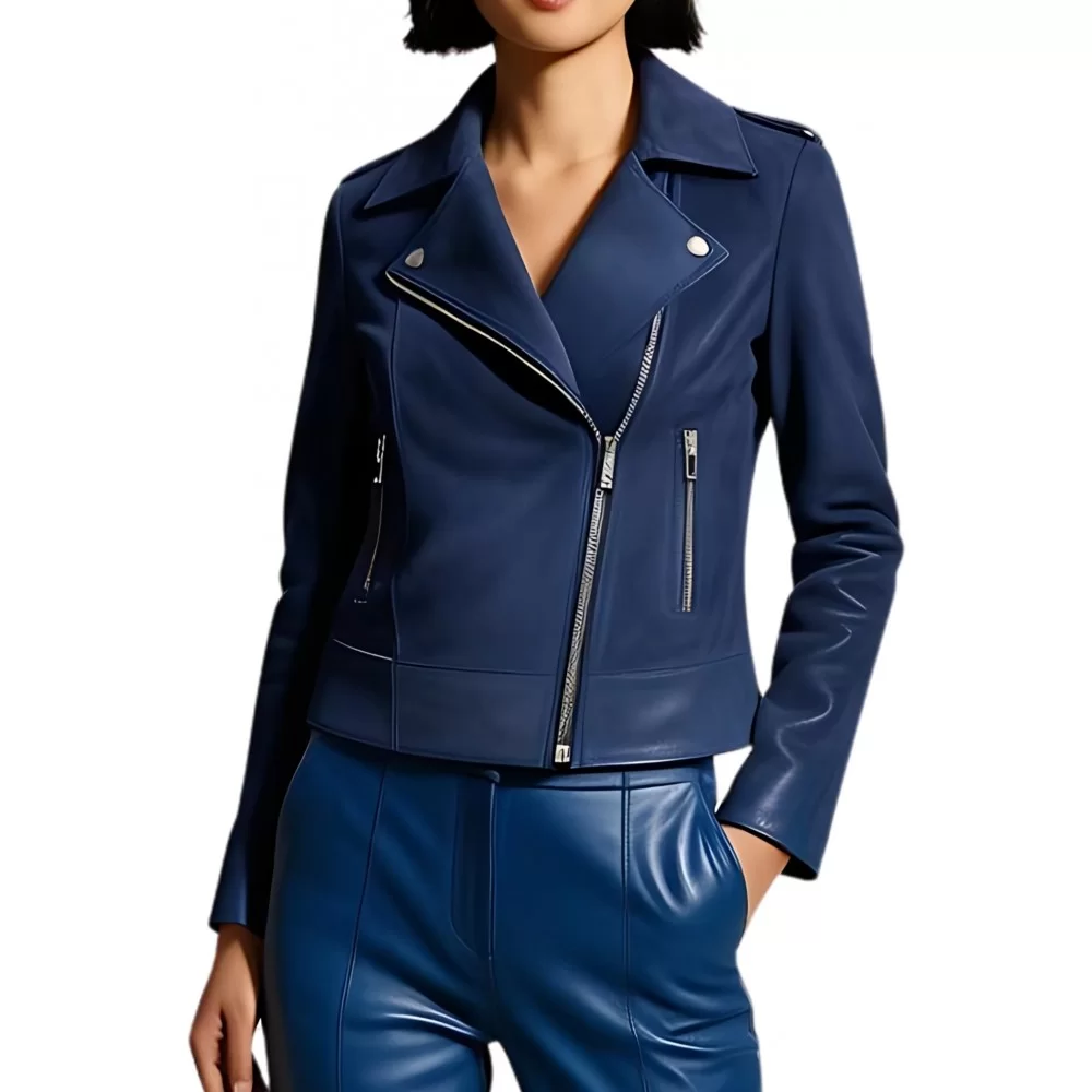 Blouson perfecto agneau velours daim bleu modèle Nina