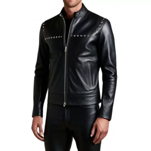 Blouson cuir homme teedy avec rivets rond en métal en agneau noir modèle Yvanoé