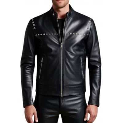 Blouson cuir homme teedy avec rivets rond en métal en agneau noir modèle Yvanoé