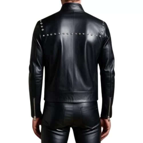 Blouson cuir homme teedy avec rivets rond en métal en agneau noir modèle Yvanoé