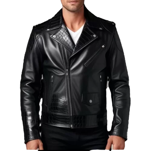 Blouson perfecto agneau plongé noir et bas des manches col et incrustation de peaux de crocodile véritable modèle Caïmane