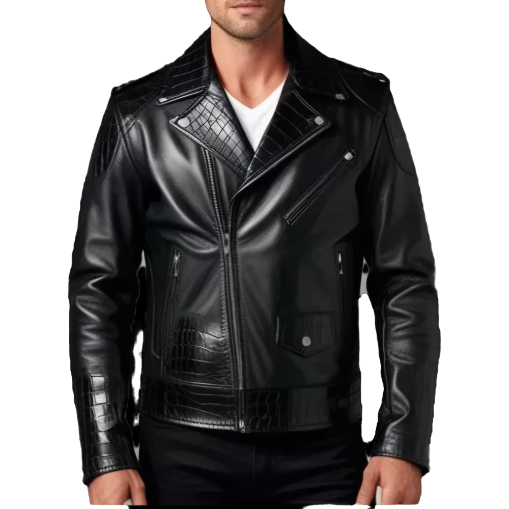 Blouson perfecto agneau plongé noir et bas des manches col et incrustation de peaux de crocodile véritable modèle Caïmane