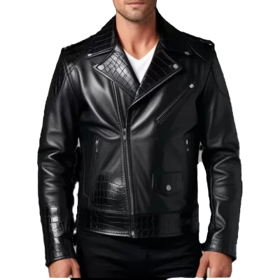 Blouson perfecto agneau plongé noir et bas des manches col et incrustation de peaux de crocodile véritable modèle Caïmane