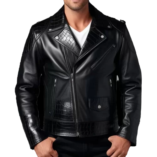 Blouson perfecto agneau plongé noir et bas des manches col et incrustation de peaux de crocodile véritable modèle Caïmane