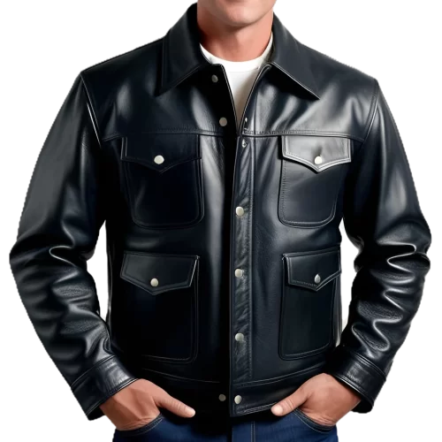 Blouson style western en cuir homme en agneau noir modèle Marci