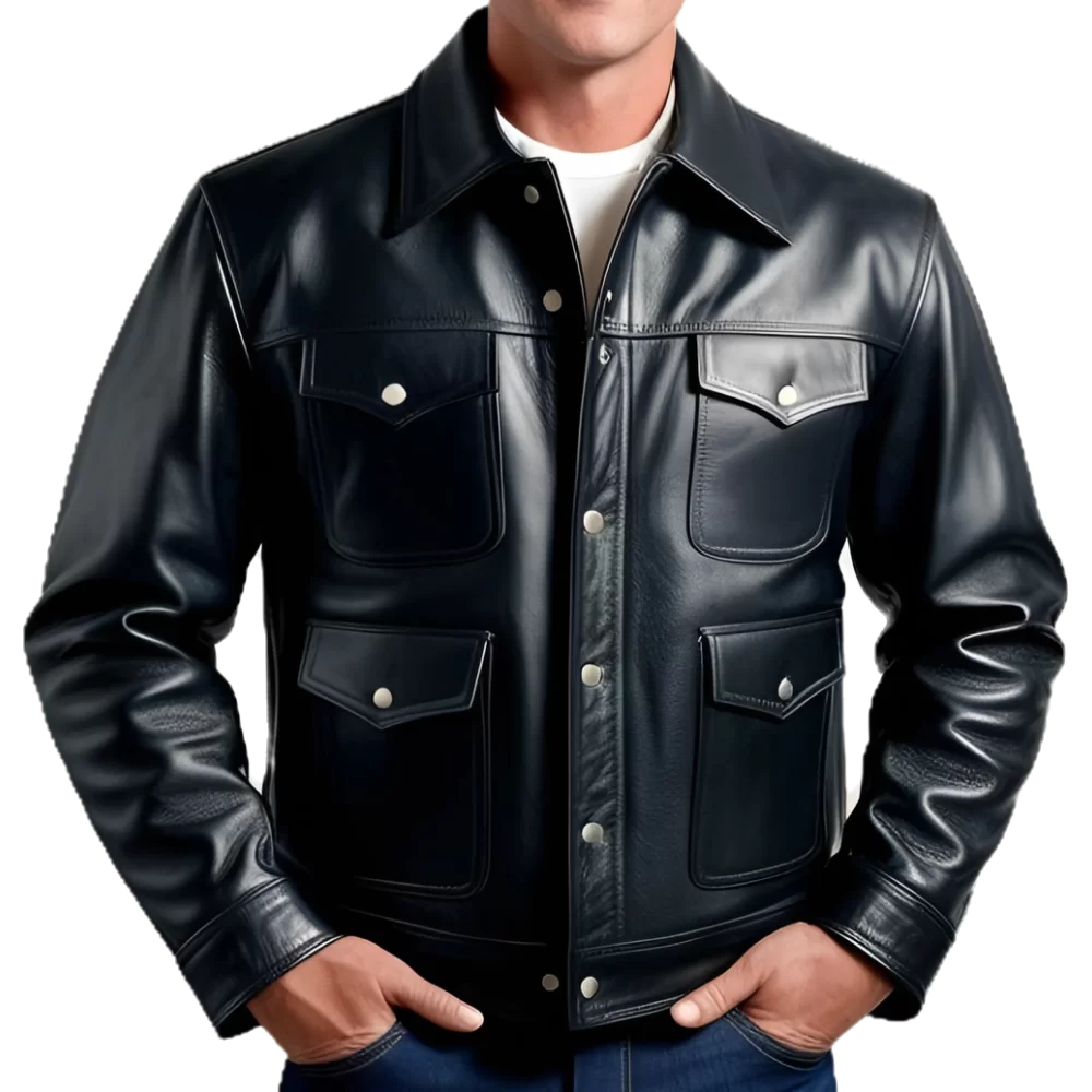 Blouson style western en cuir homme en agneau noir modèle Marci