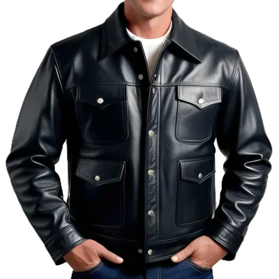 Blouson style western en cuir homme en agneau noir modèle Marci