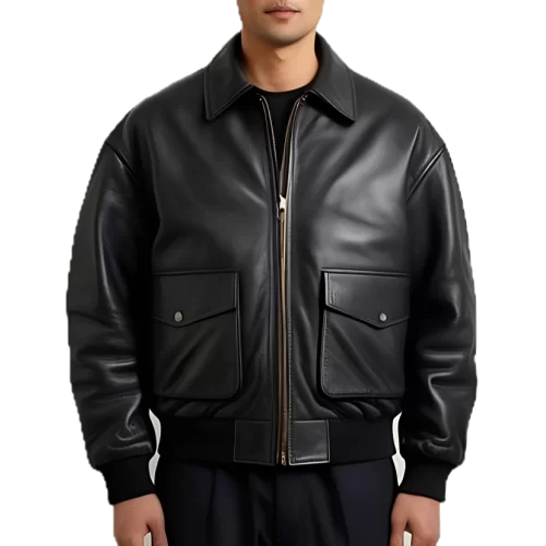 Blouson cuir type aviateur oversize en agneau noir modèle Karolin