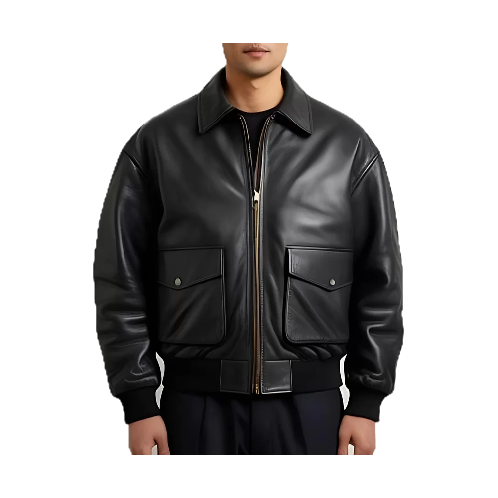 Blouson cuir type aviateur oversize en agneau noir modèle Karolin