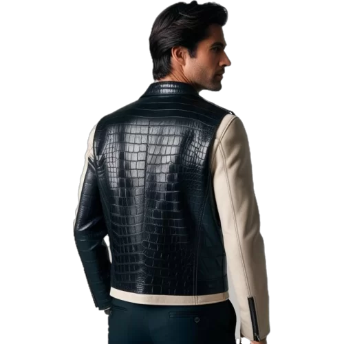 Blouson perfecto agneau plongé col et dos et incrustation en crocodile véritable modèle Ricketo