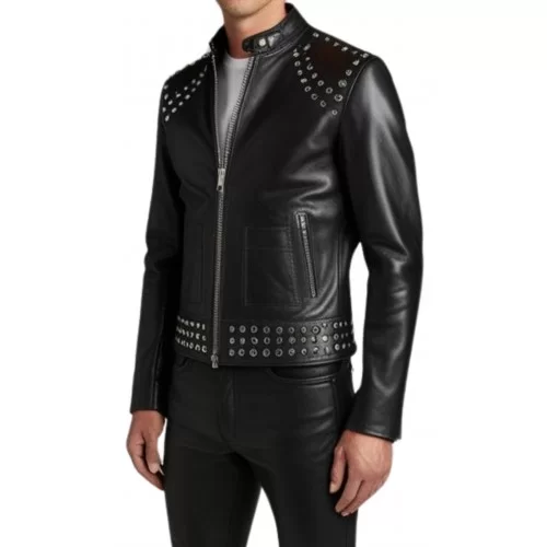 Blouson cuir homme teedy avec rivets rond en métal en agneau noir modèle Bleure