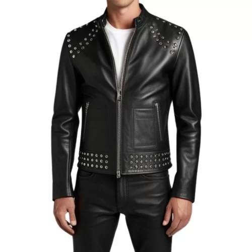 Blouson cuir homme teedy avec rivets rond en métal en agneau noir modèle Bleure