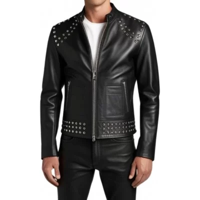 Blouson cuir homme teedy avec rivets rond en métal en agneau noir modèle Bleure