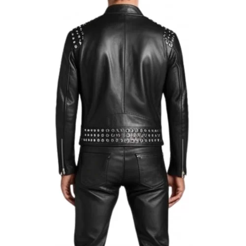 Blouson cuir homme teedy avec rivets rond en métal en agneau noir modèle Bleure