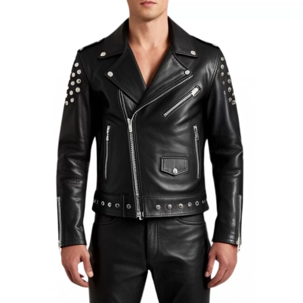 Blouson cuir homme perfecto avec rivets rond en métal agneau plongé noir modèle Major