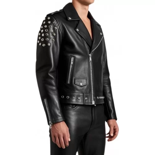 Blouson cuir homme perfecto avec rivets rond en métal agneau plongé noir modèle Major