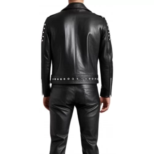 Blouson cuir homme perfecto avec rivets rond en métal agneau plongé noir modèle Major