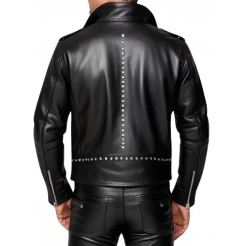 Perfecto cuir homme avec rivets rond en métal agneau plongé noir modèle Demora