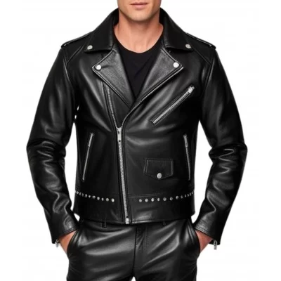 Perfecto cuir homme avec rivets rond en métal agneau plongé noir modèle Demora